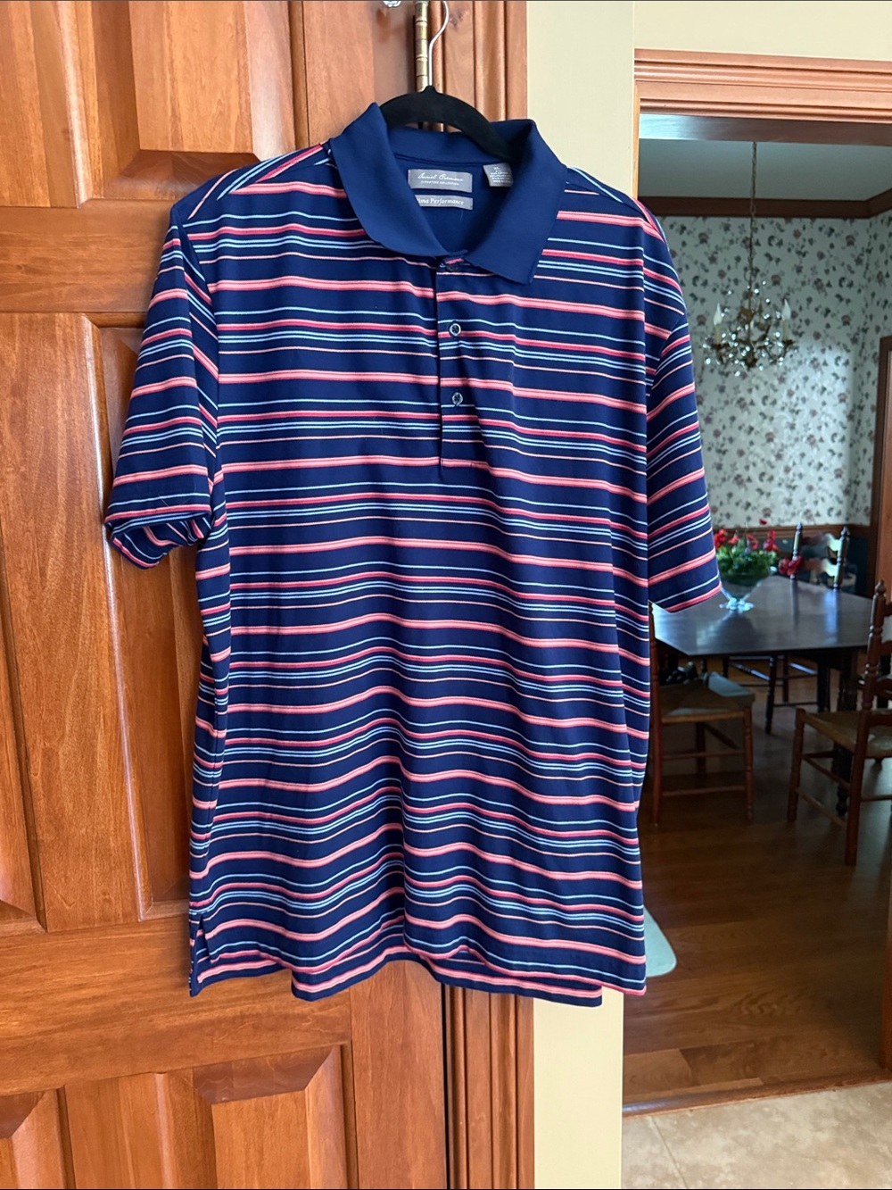 Daniel Cremieux Navy Polo with Coral and White Stripes